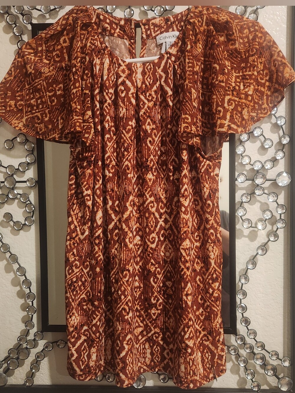 Women's Rust & Cream Patterned Off-Shoulder Tunic. BOHO Style